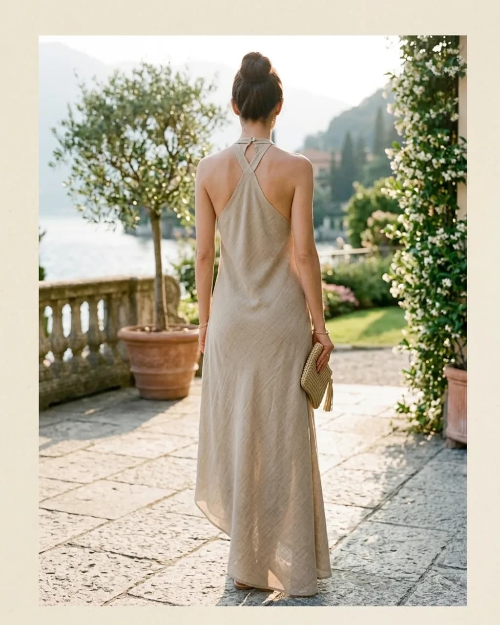Cotton Linen Halter Dress — Como Collection — Sabbia-back view