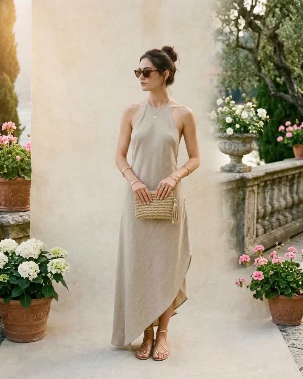 Cotton Linen Halter Dress — Como Collection — Sabbia-front view