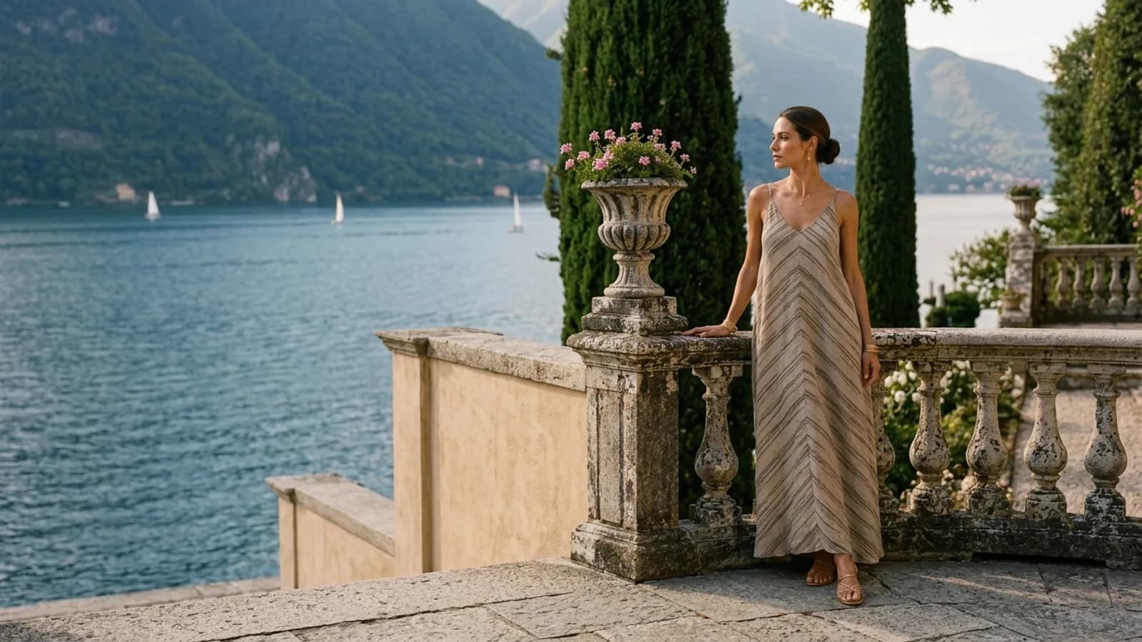 COMO Collection — Lake Como resort imagery, draped linen garments on stone terrace