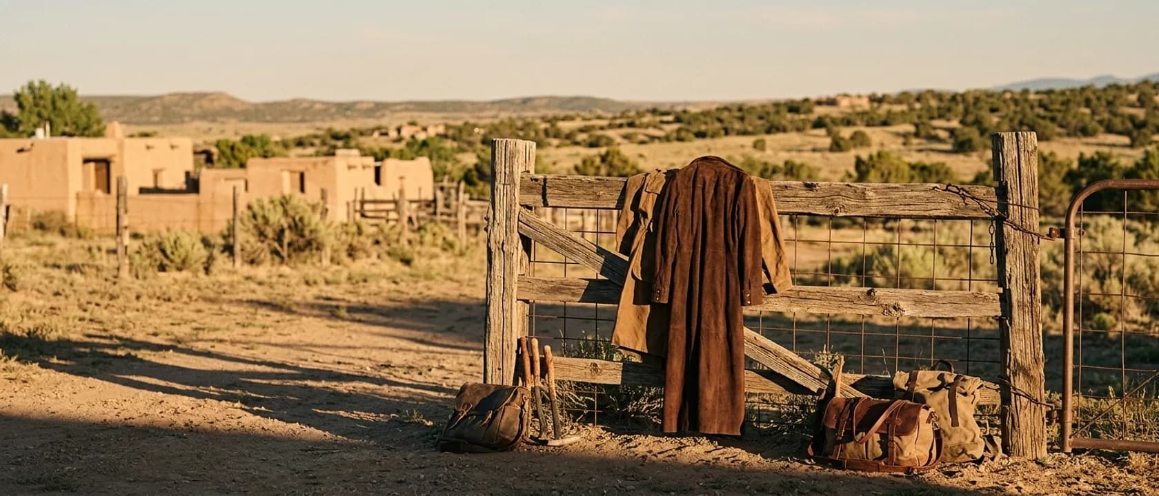 Wild Bout You lookbook — canvas jacket on a western fence against a desert landscape