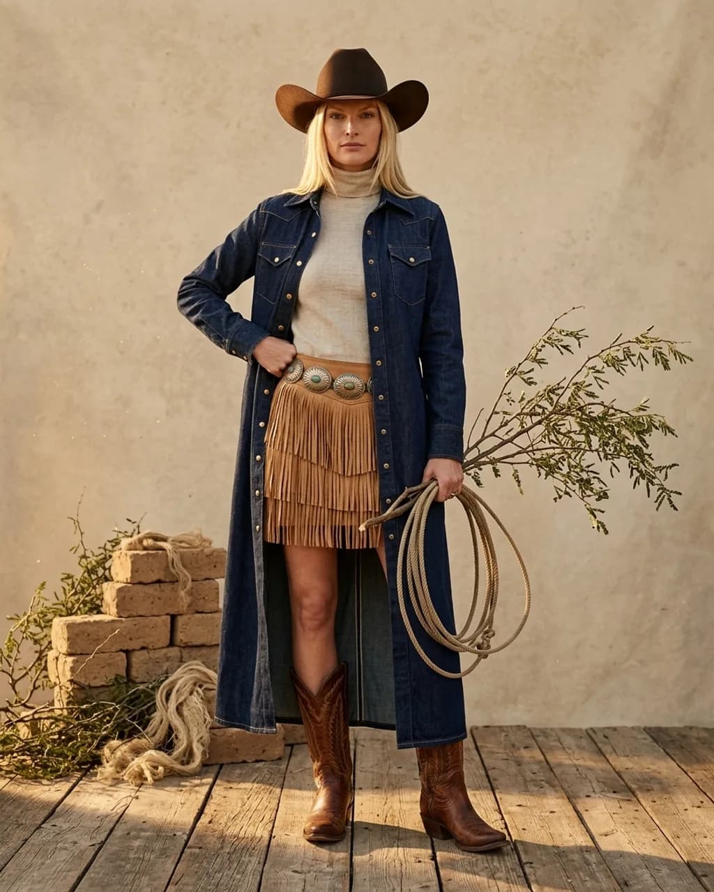 Wild Bout You lookbook — raw denim and western hat in studio still life