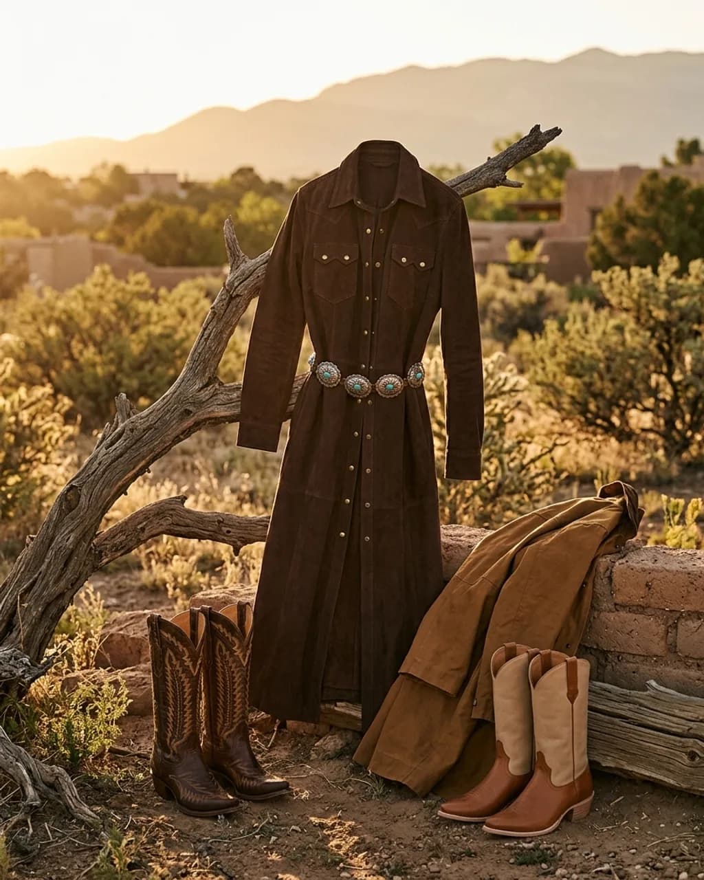 Wild Bout You lookbook — western shirt on a mesquite branch at sunset