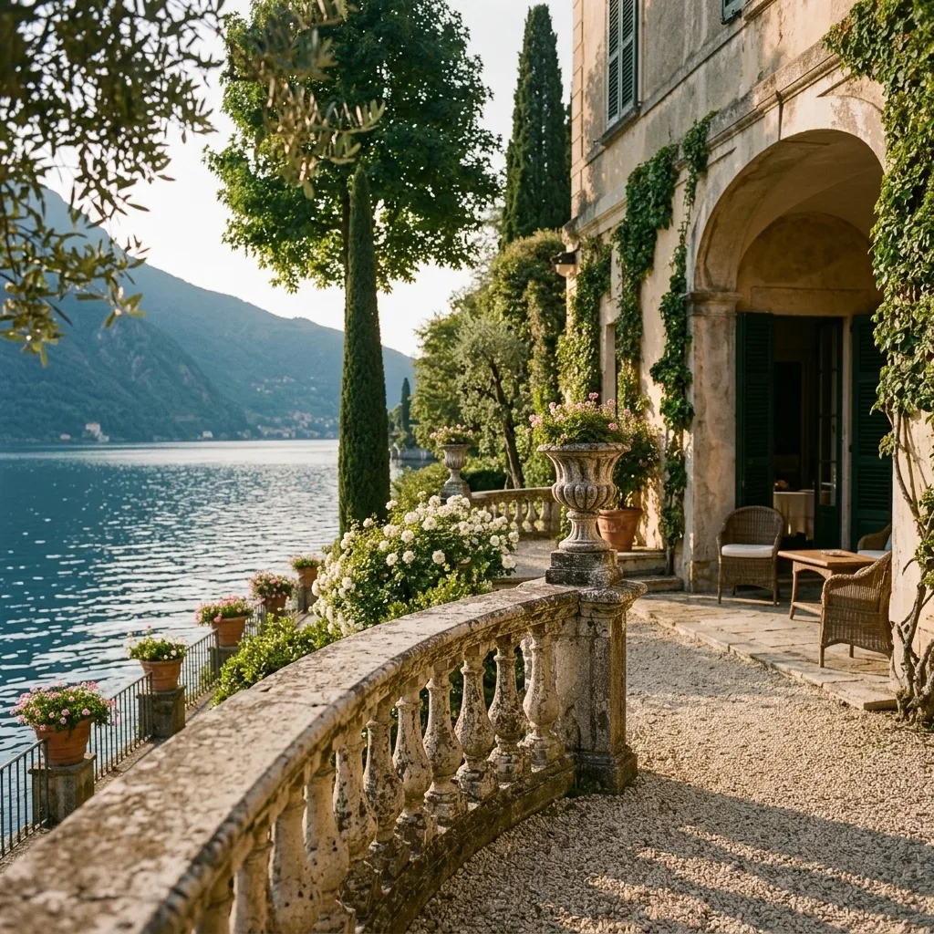 Editorial place — Lake Como stone terrace with garments in golden hour light
